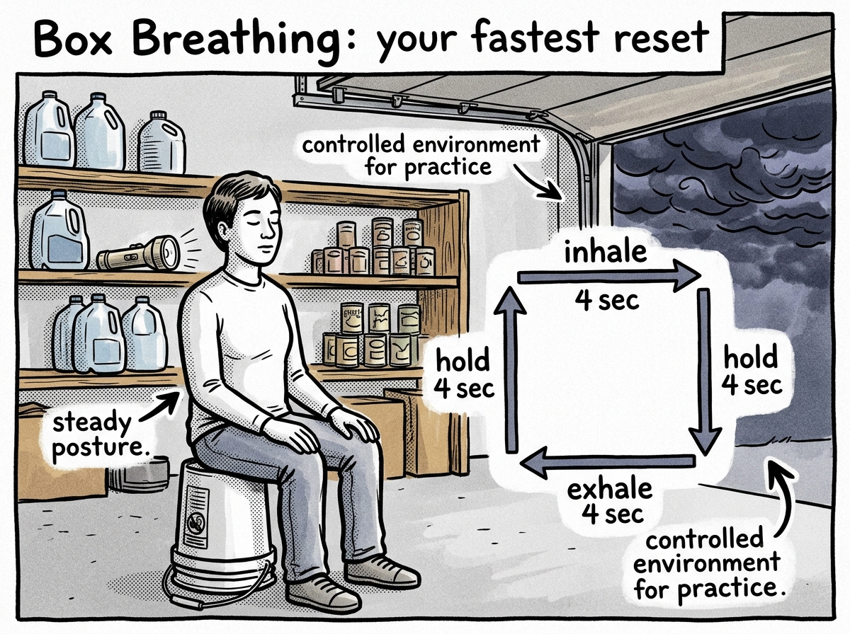 A prepper practices box breathing during a stressful drill, with the four-count cycle visualized