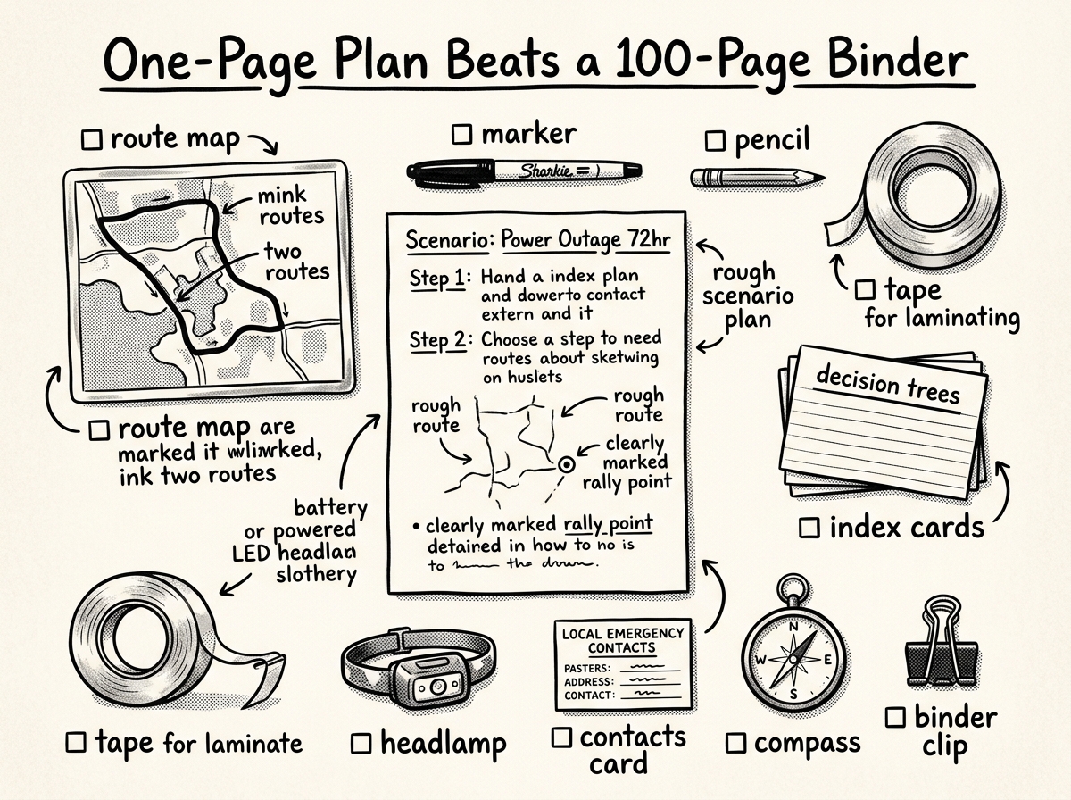 A one-page scenario plan and essential planning tools laid out for quick reference