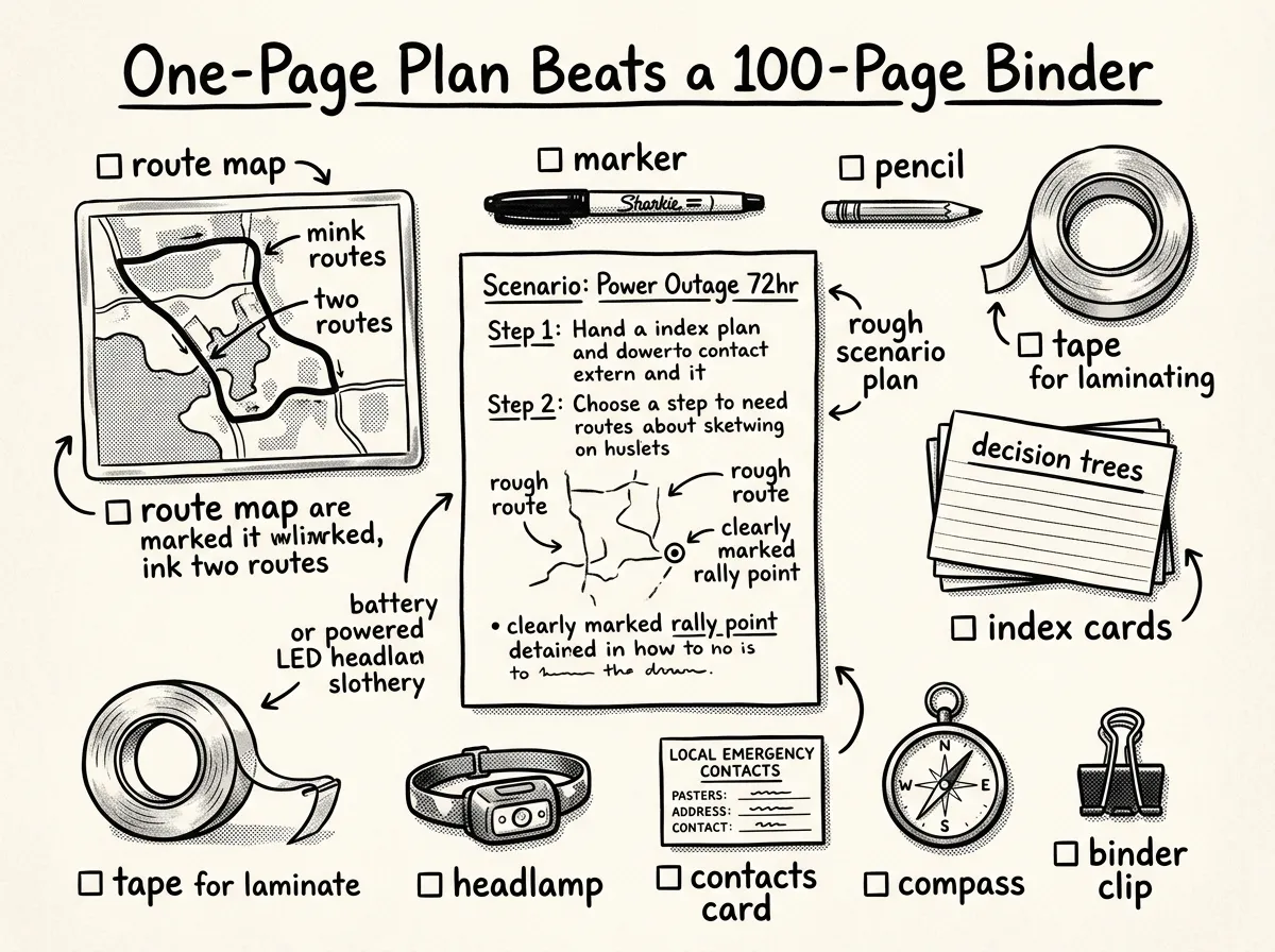 A one-page scenario plan and essential planning tools laid out for quick reference