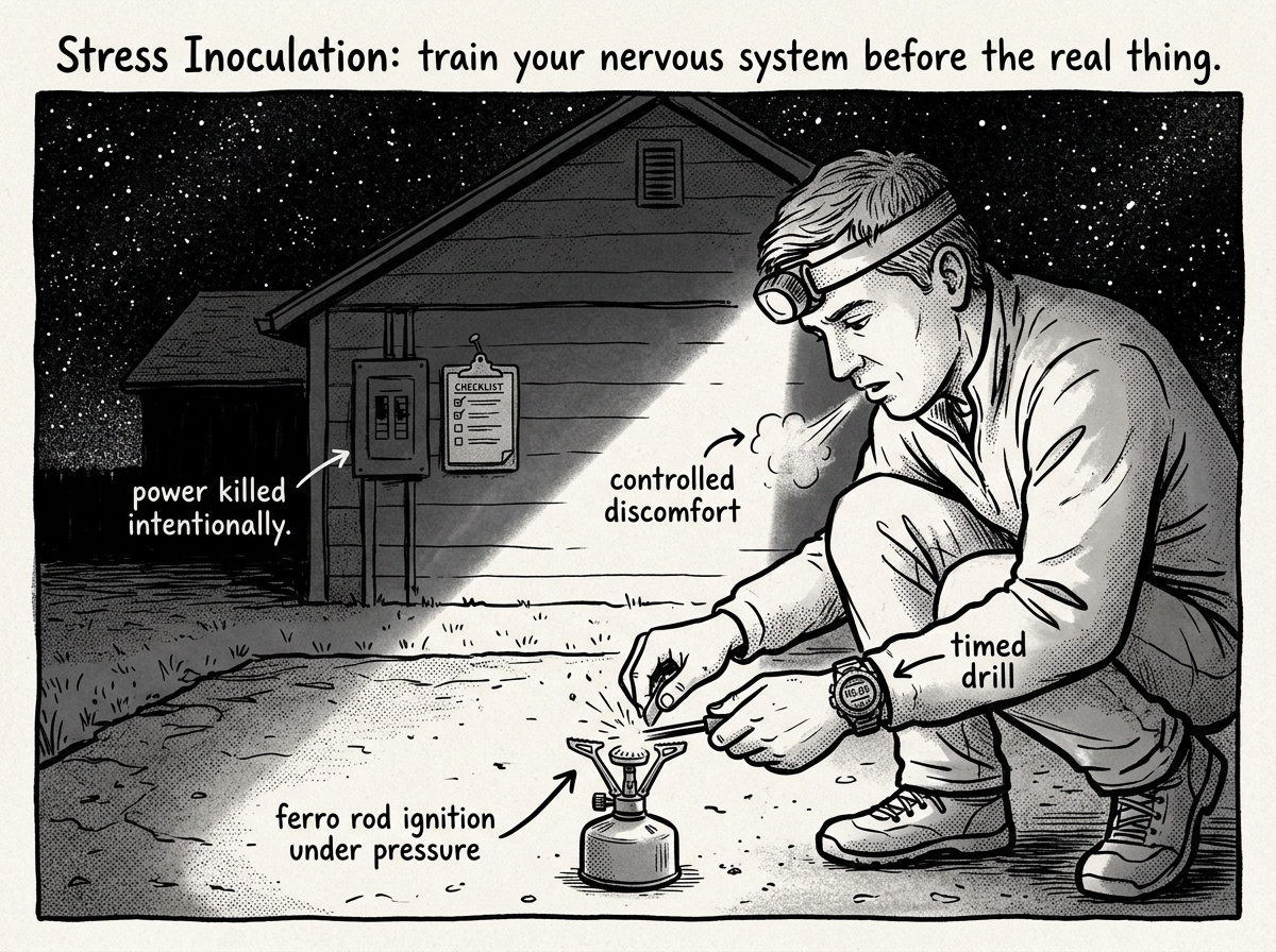 A prepper builds stress tolerance through a timed off-grid drill at night