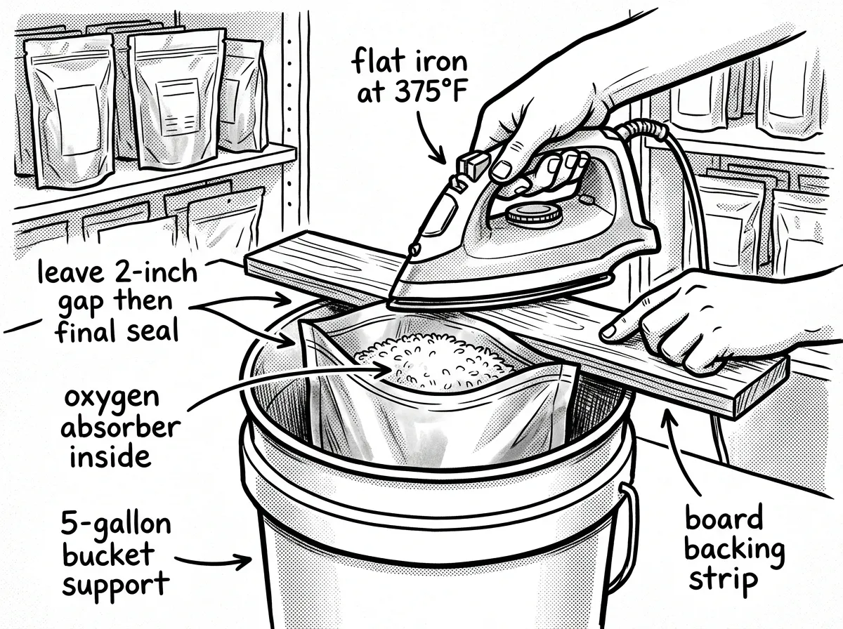 Sealing a Mylar bag with a flat iron and bucket setup