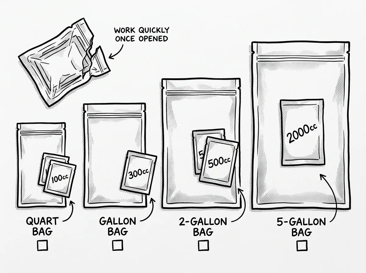 Oxygen absorber sizing guide for common Mylar bag sizes