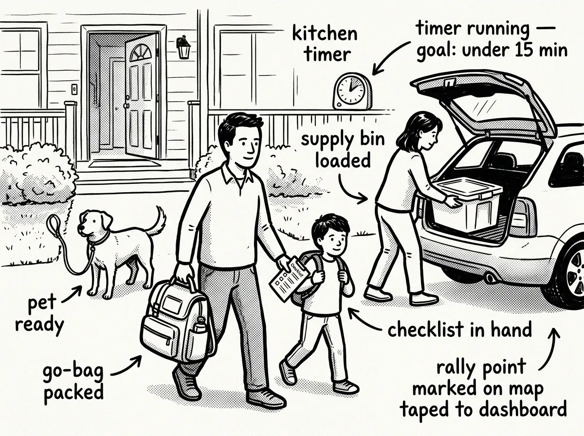 A family running a full evacuation drill before time runs out