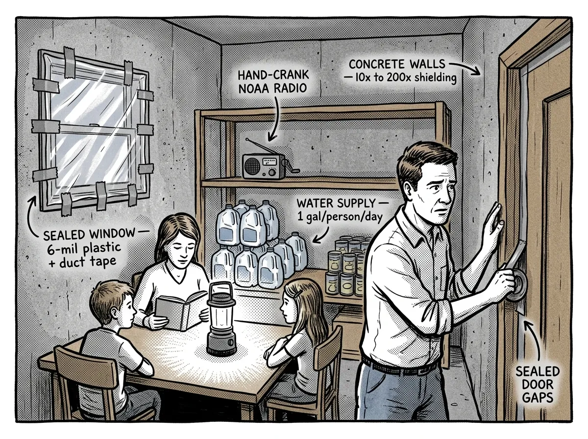 Family sheltering in a sealed basement room during the critical first hours after a nuclear event