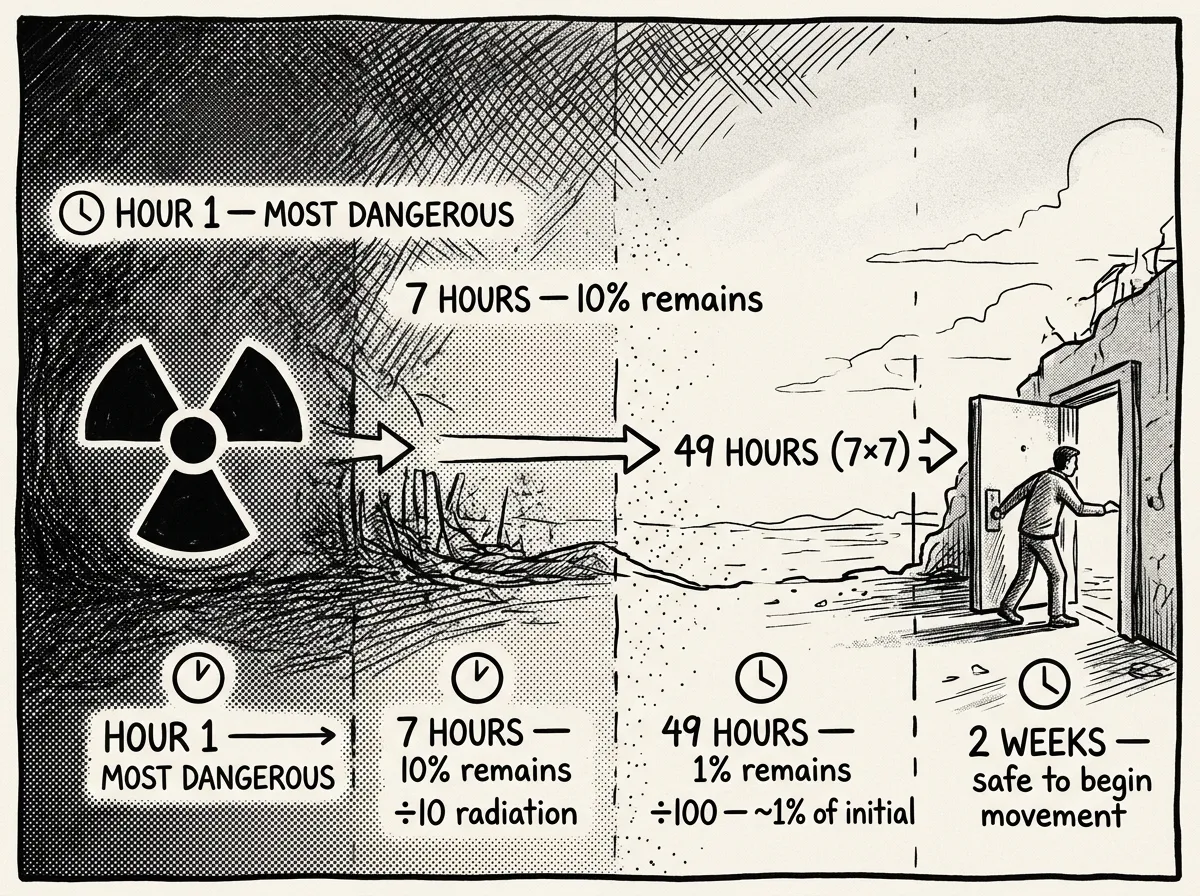 Visual explanation of how fallout radiation intensity drops over time following the 7-10 rule