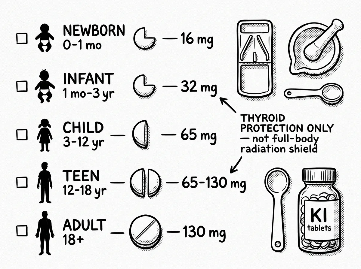 Potassium iodide tablets and dosing reference organized by age group