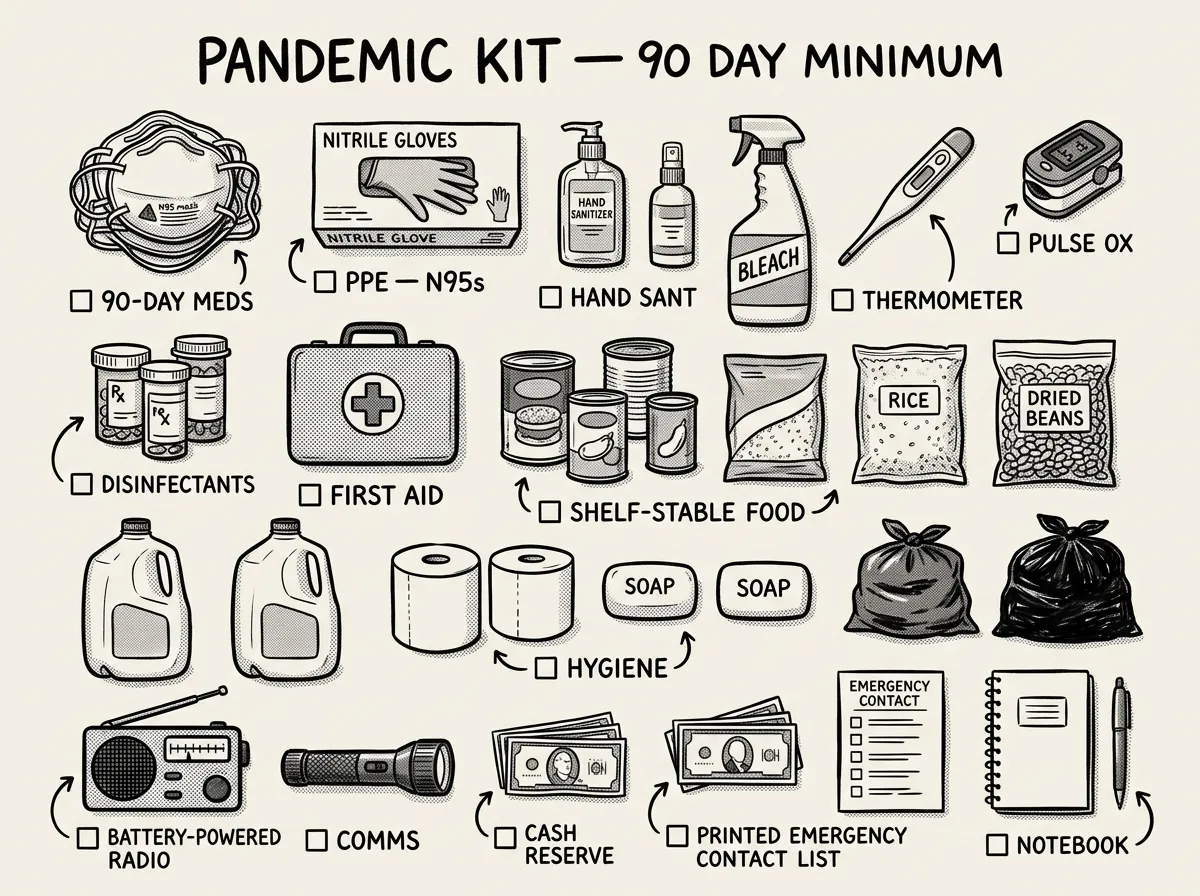 Complete pandemic preparedness kit spread for inspection