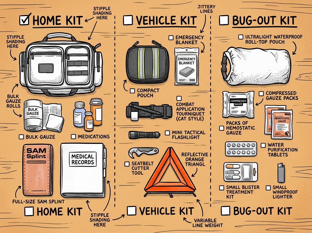 Home, vehicle, and bug-out kits serve different purposes