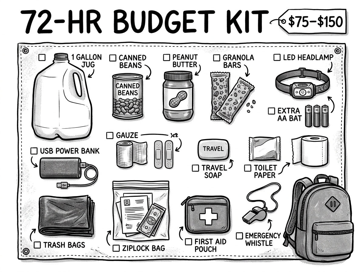 Complete 72-hour budget emergency kit — every item under $50 total