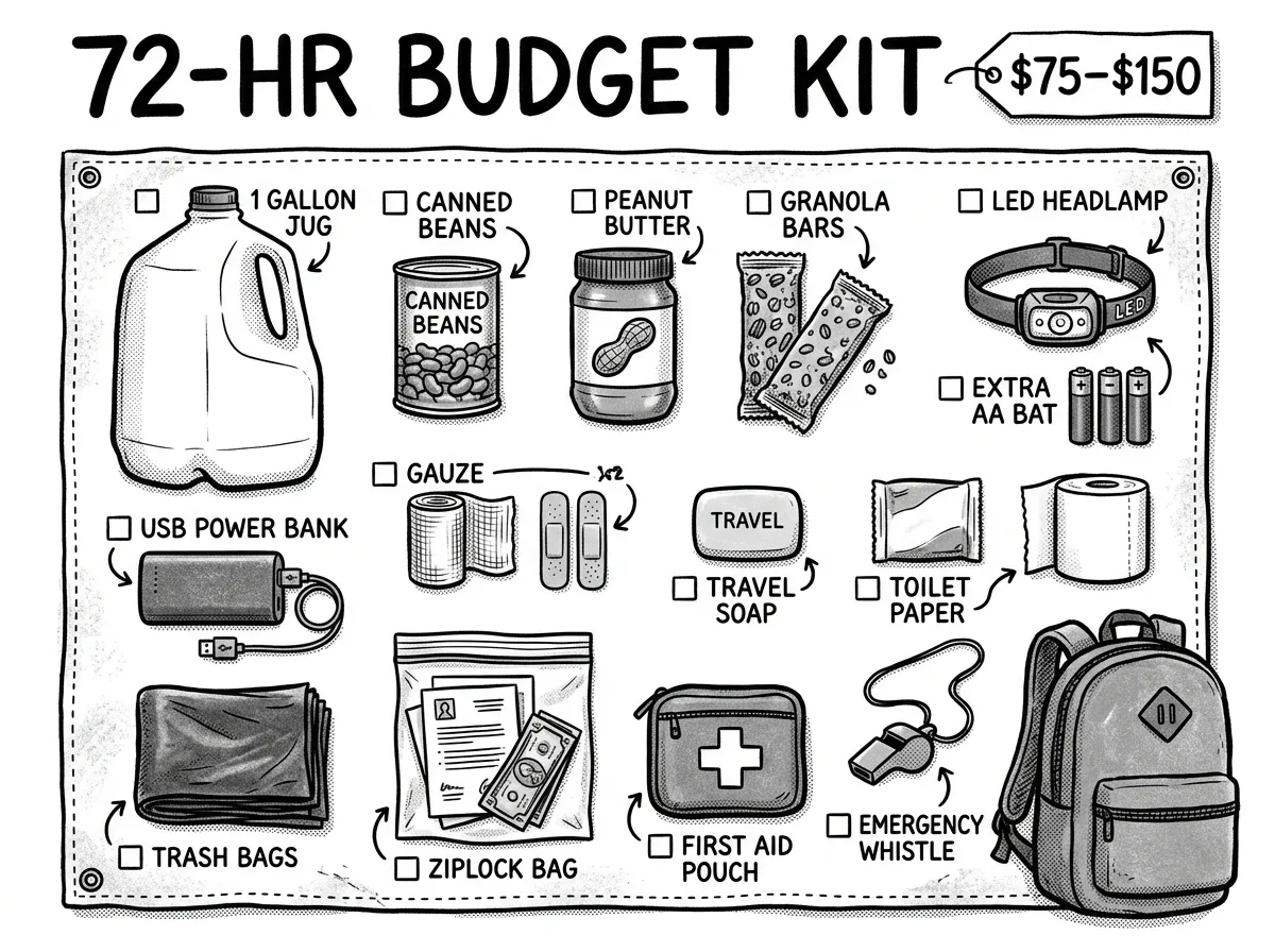 Complete 72-hour budget emergency kit — every item under $50 total