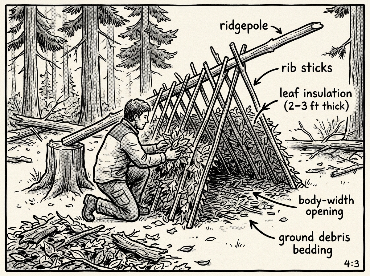 Constructing a debris hut shelter from forest-floor materials
