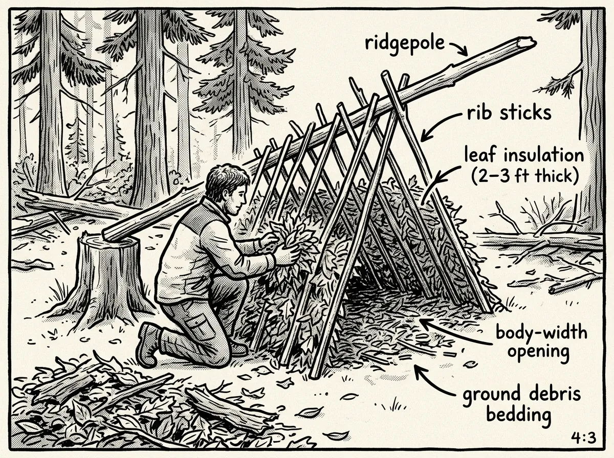 Constructing a debris hut shelter from forest-floor materials