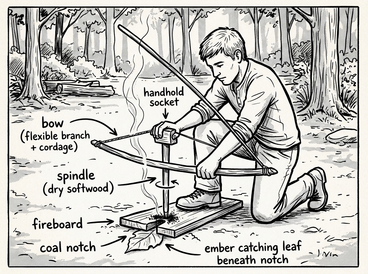 Generating an ember with a bow drill fire set