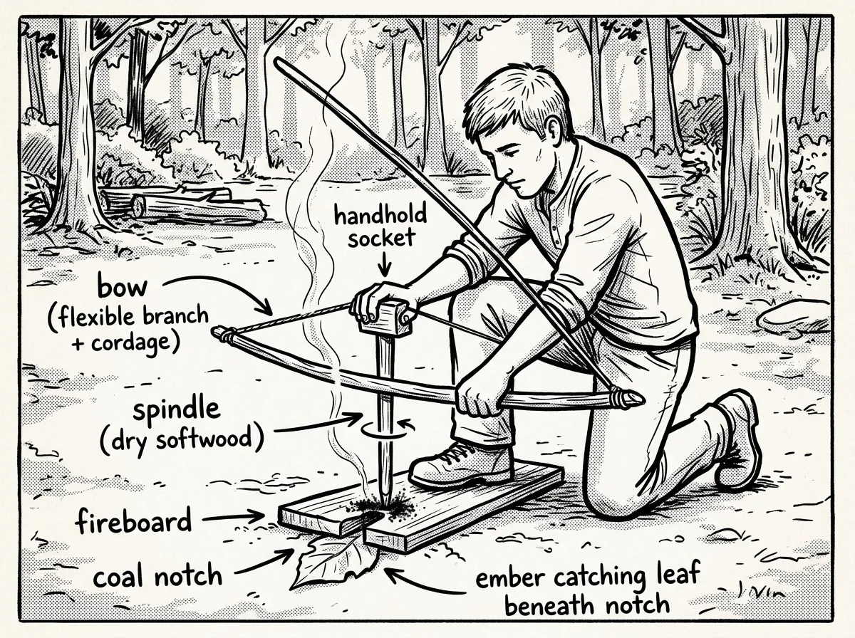 Generating an ember with a bow drill fire set