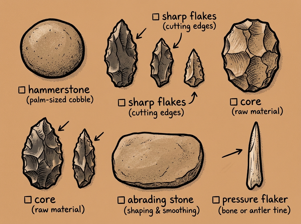 Primitive stone tool kit for cutting, scraping, and processing