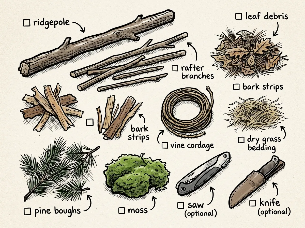 Core natural and improvised materials for building a survival shelter