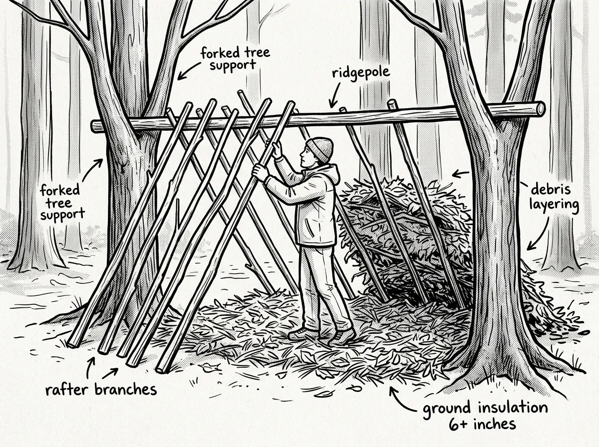 Building a lean-to shelter step by step using natural materials