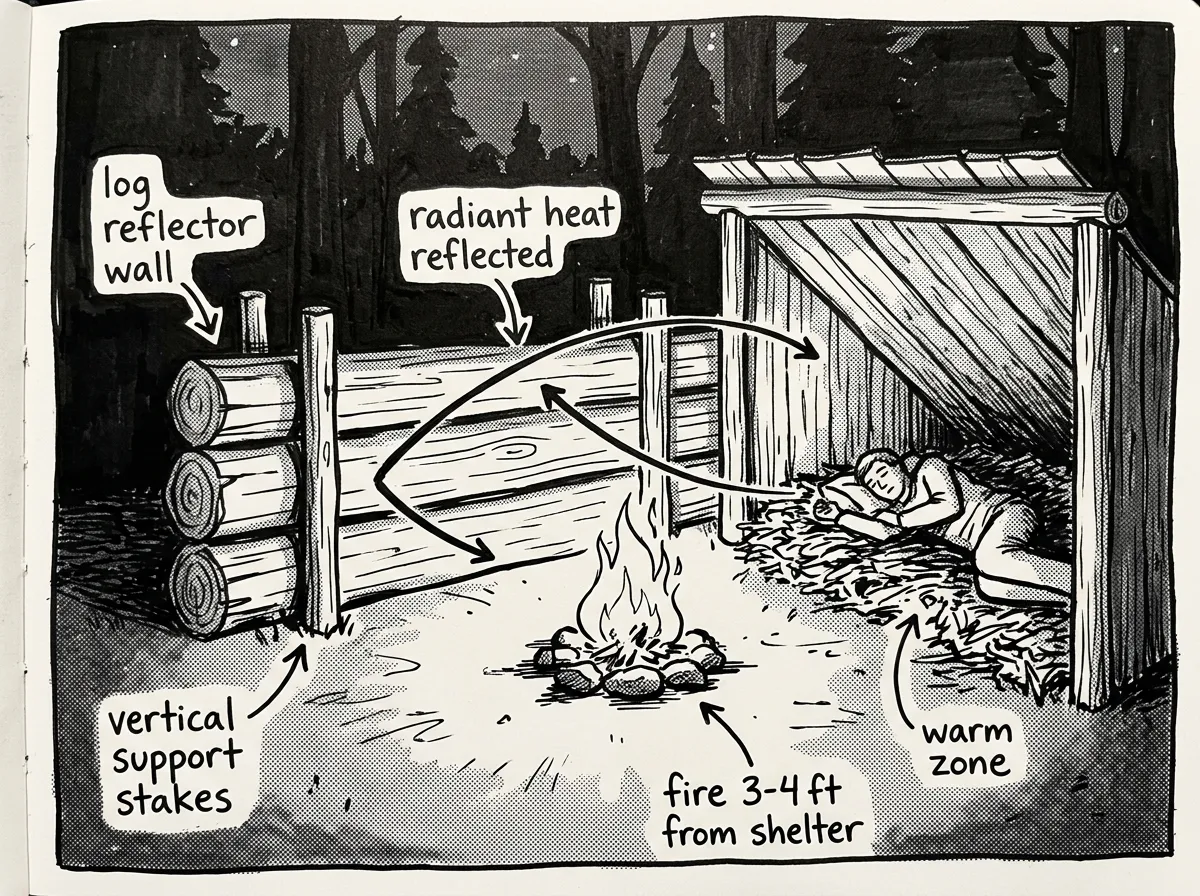 A log reflector wall bounces fire heat directly into the shelter opening