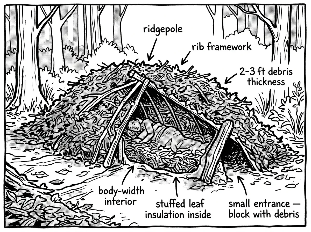 A debris hut traps body heat using thick insulation and minimal air volume