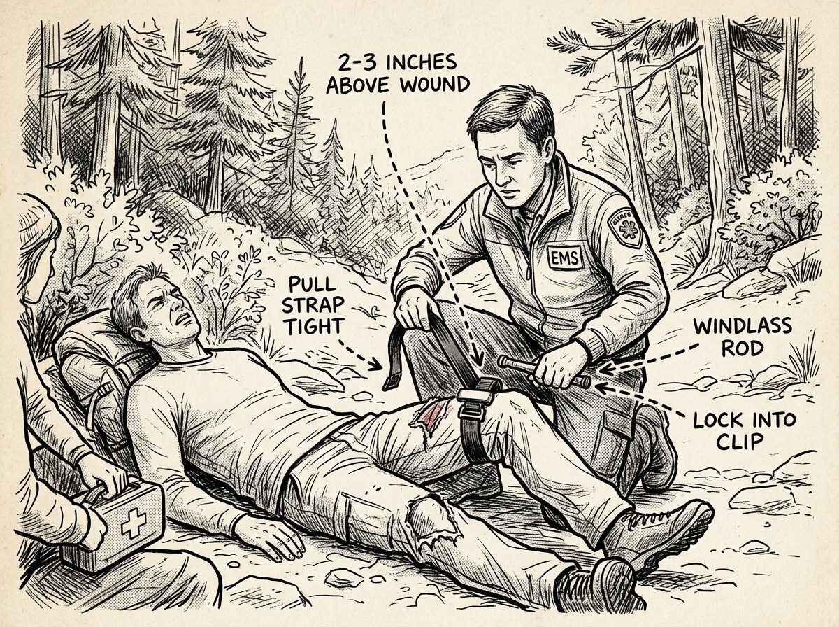 Step-by-step tourniquet application on an injured limb