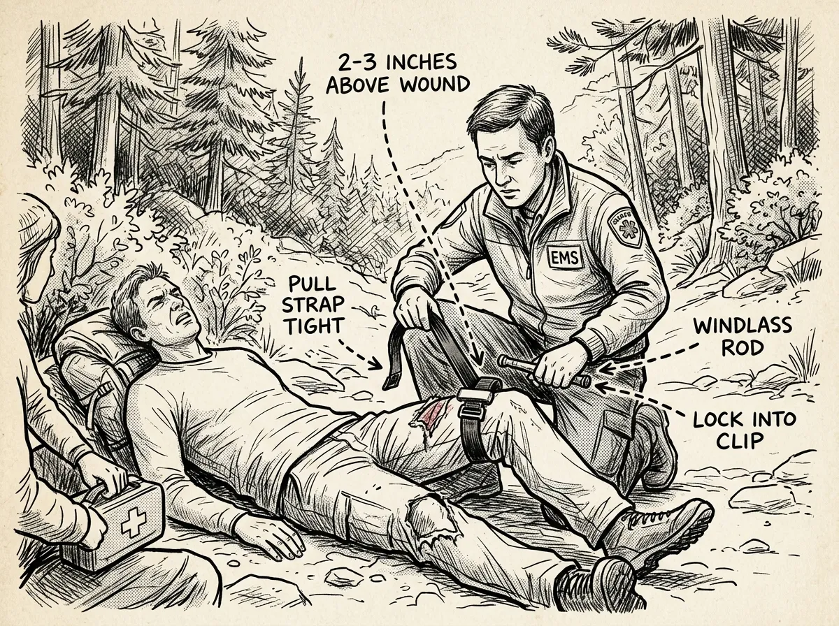 Step-by-step tourniquet application on an injured limb