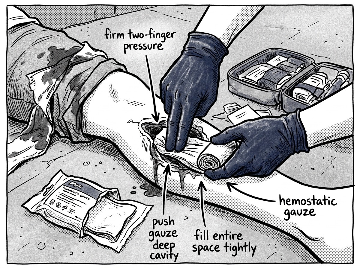 Packing a wound cavity with gauze using firm two-finger pressure
