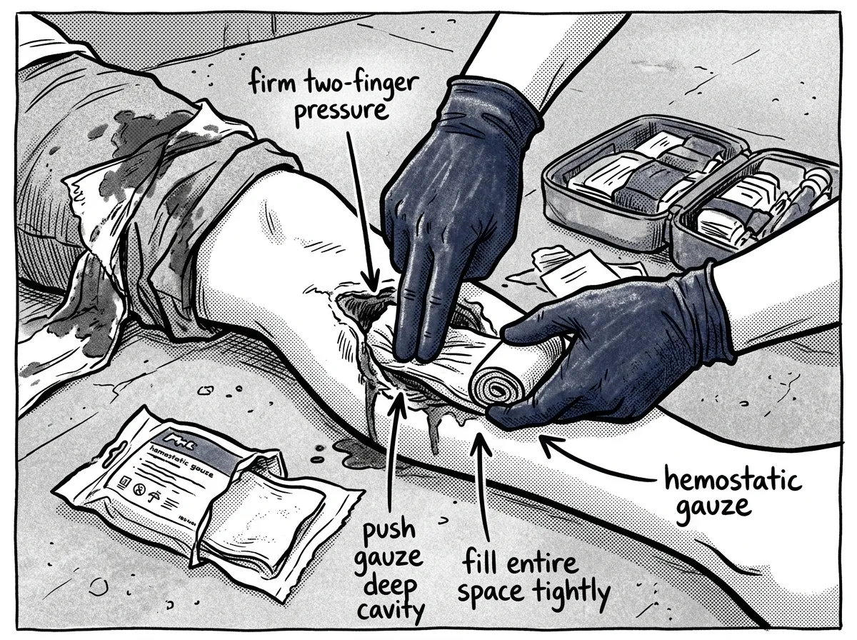 Packing a wound cavity with gauze using firm two-finger pressure