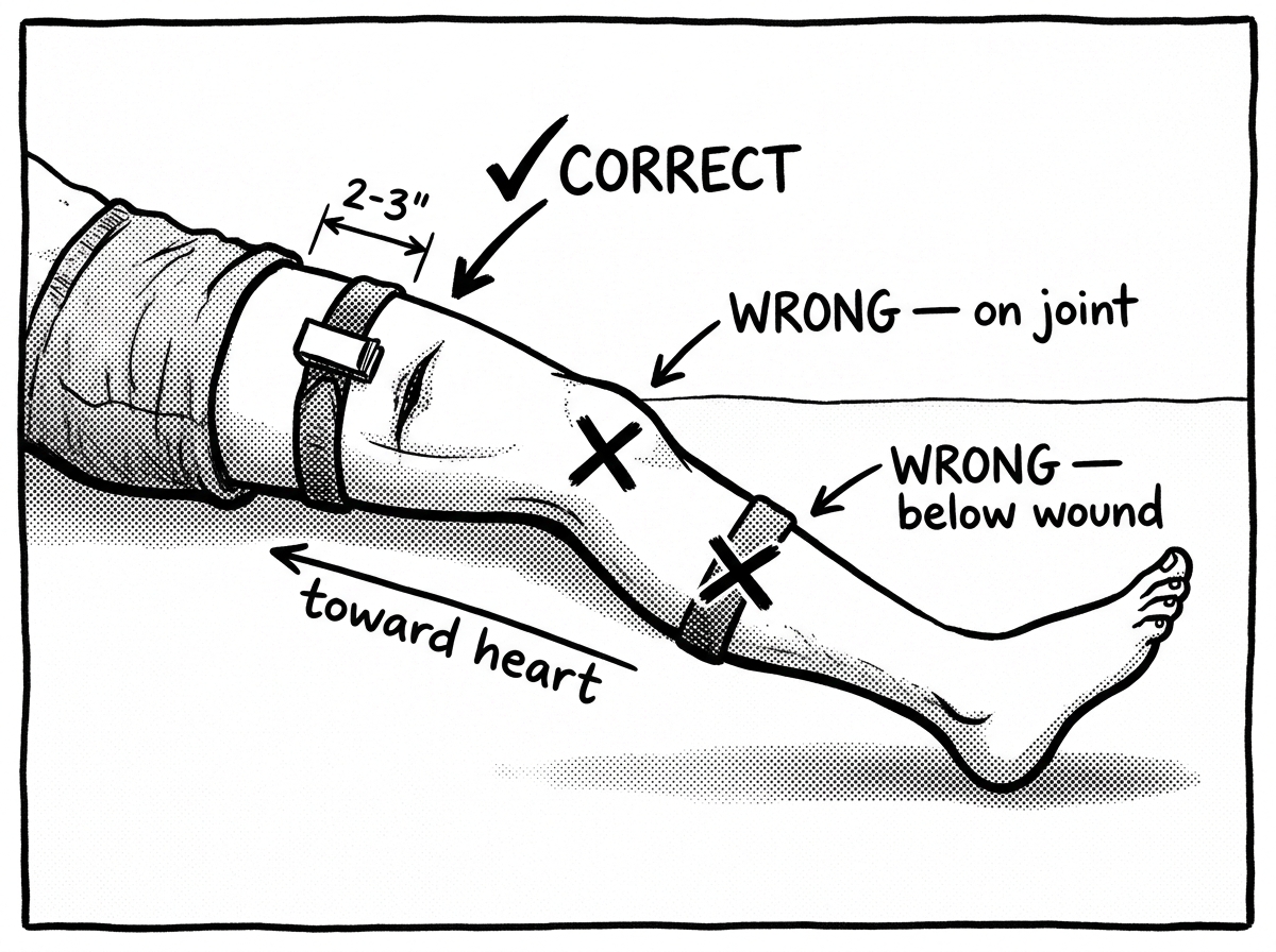 Correct and incorrect tourniquet placement locations on a limb