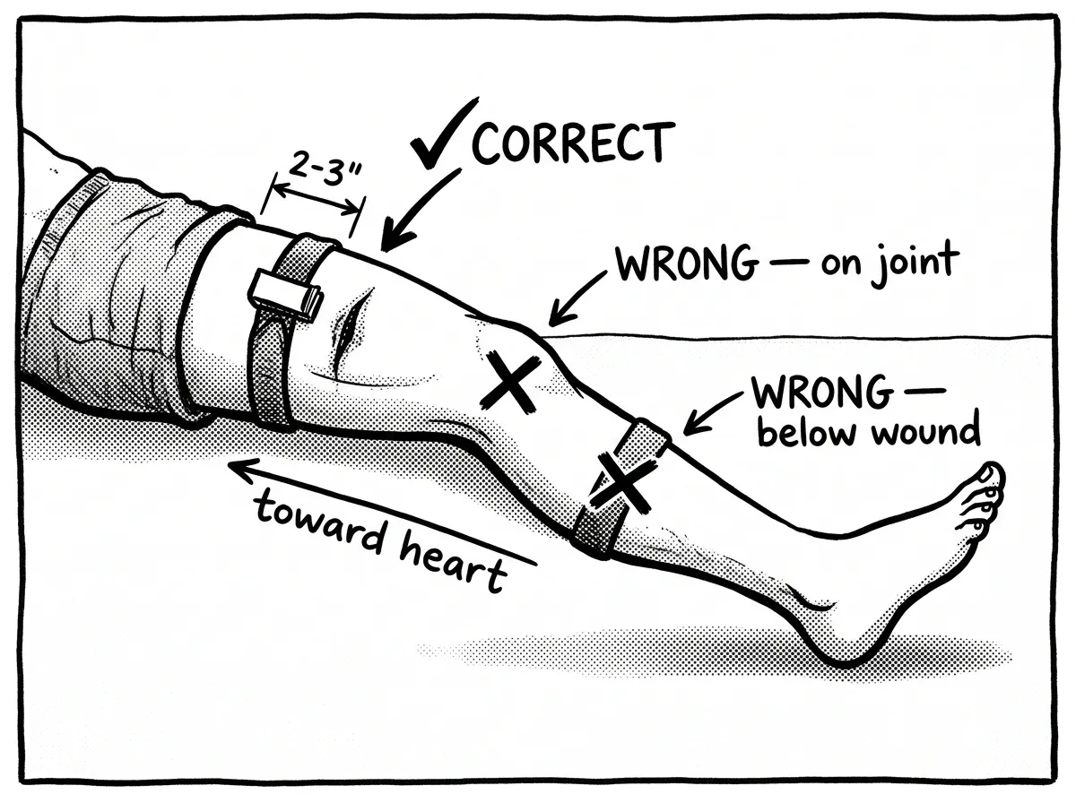Correct and incorrect tourniquet placement locations on a limb