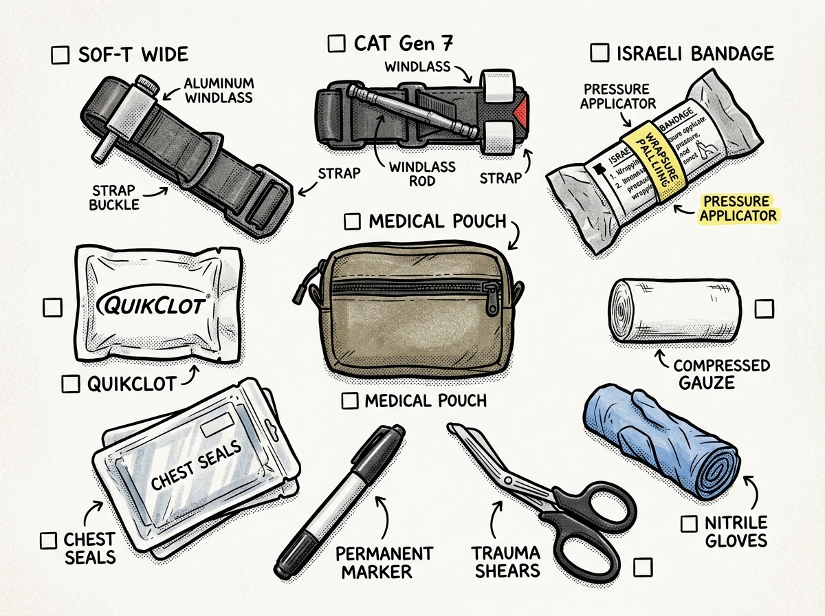 Essential hemorrhage control kit contents laid out for inspection