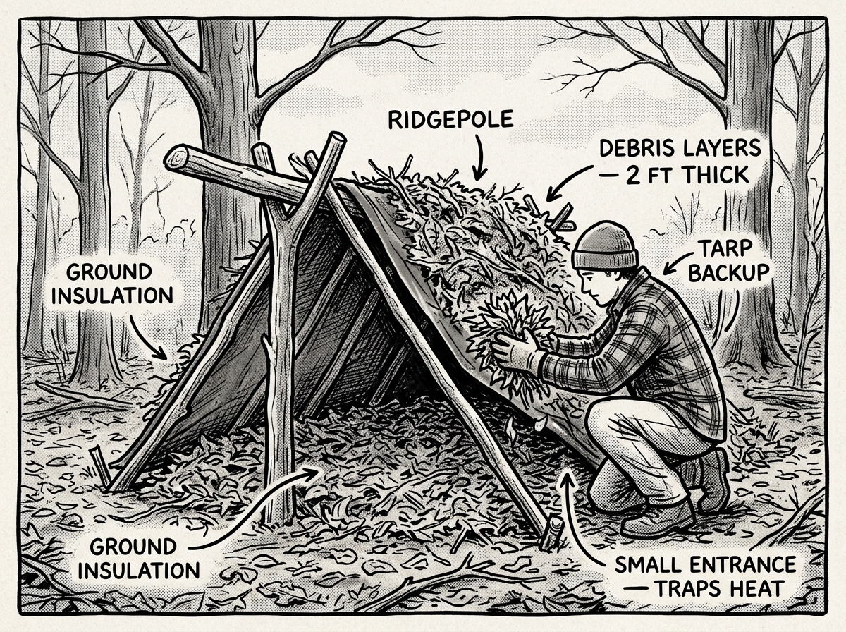 A-frame debris shelter built for warmth, not looks