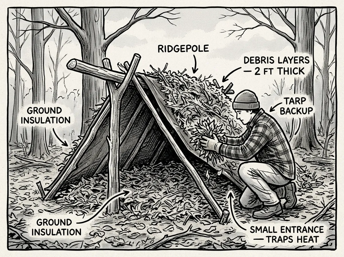 A-frame debris shelter built for warmth, not looks
