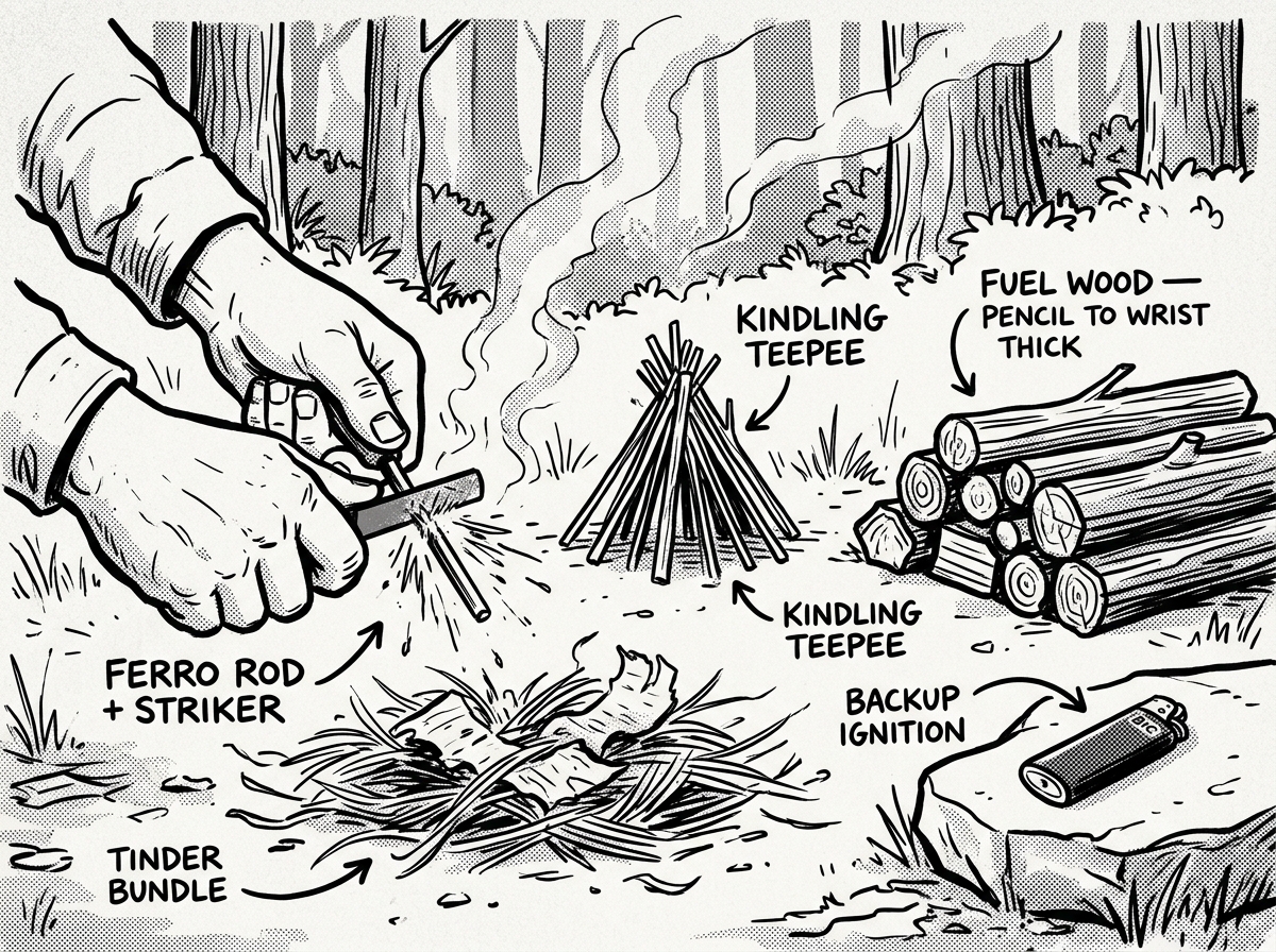 Building a fire from tinder bundle to sustainable flame