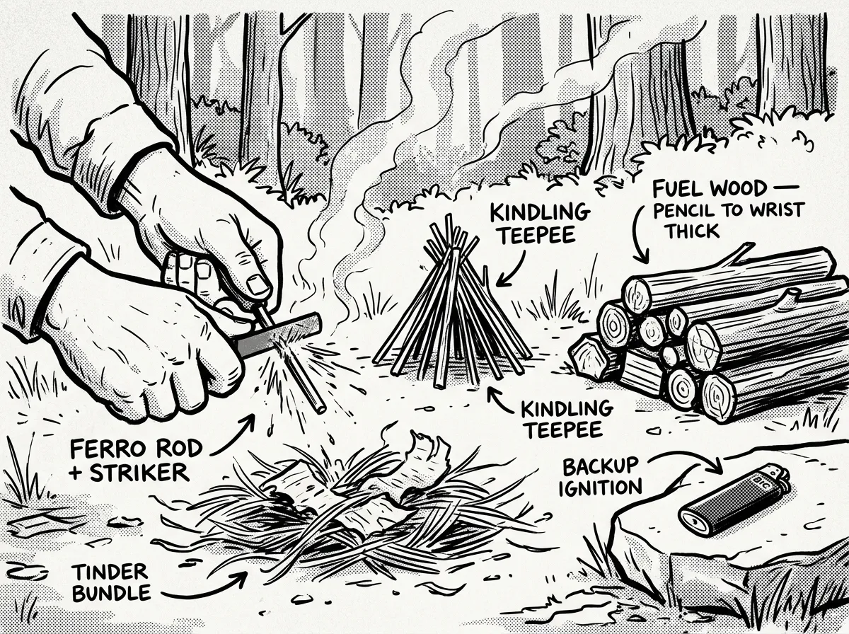 Building a fire from tinder bundle to sustainable flame