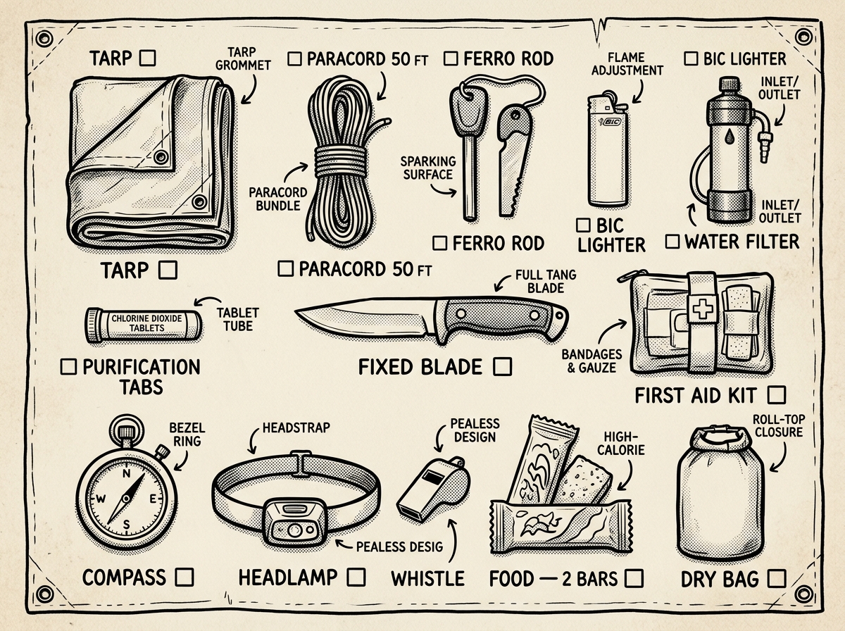 Beginner prepper essentials laid out and labeled