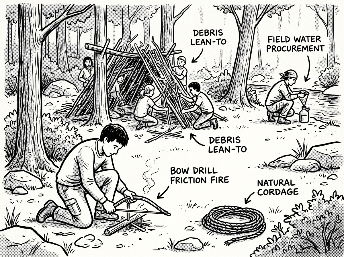 Core survival skills taught at a quality camp: shelter, fire, water, navigation, and foraging