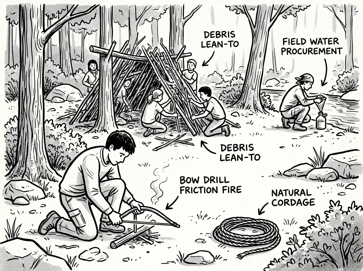 Core survival skills taught at a quality camp: shelter, fire, water, navigation, and foraging