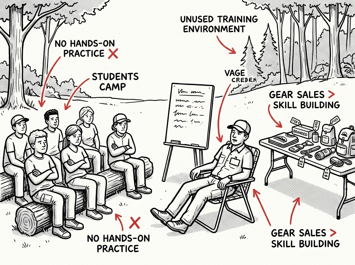 Warning signs of a low-quality survival camp: lecture-heavy instruction, no field time, and gear-sales pressure