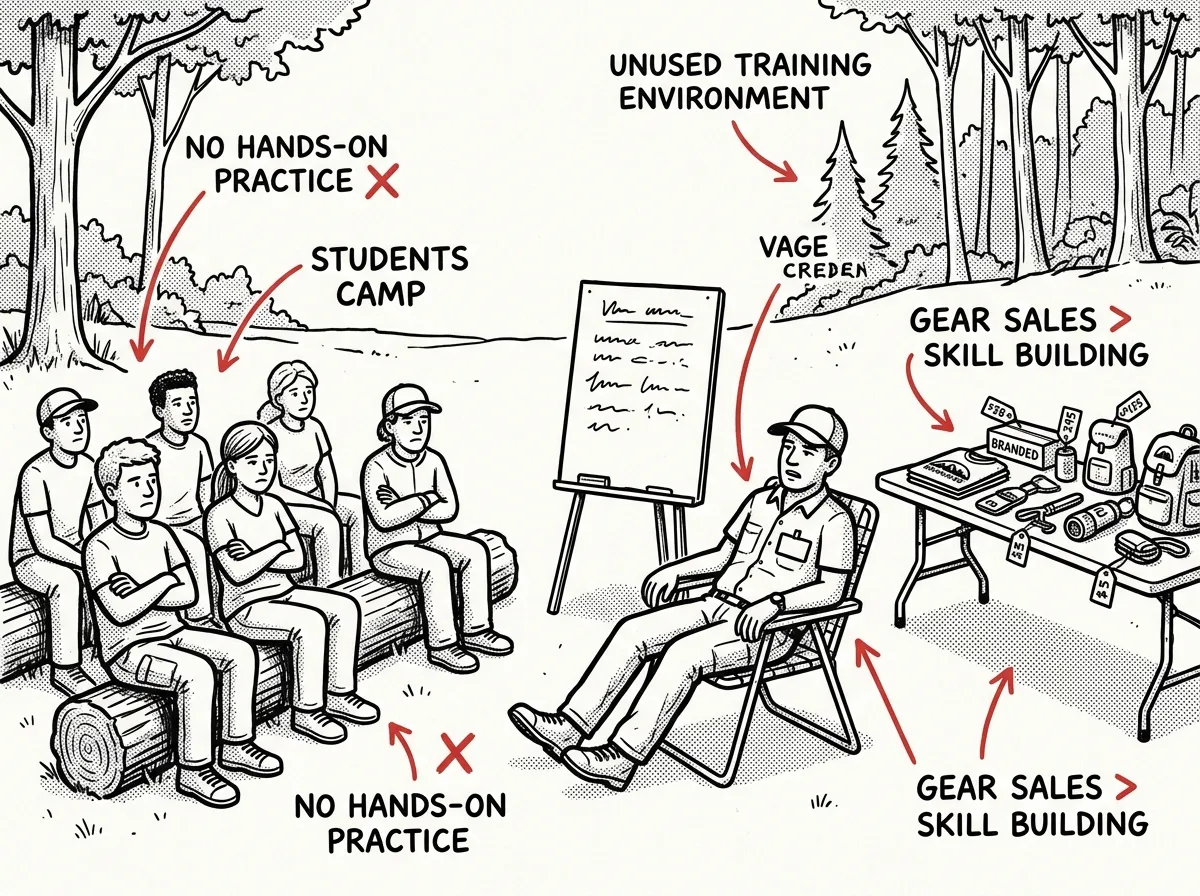 Warning signs of a low-quality survival camp: lecture-heavy instruction, no field time, and gear-sales pressure