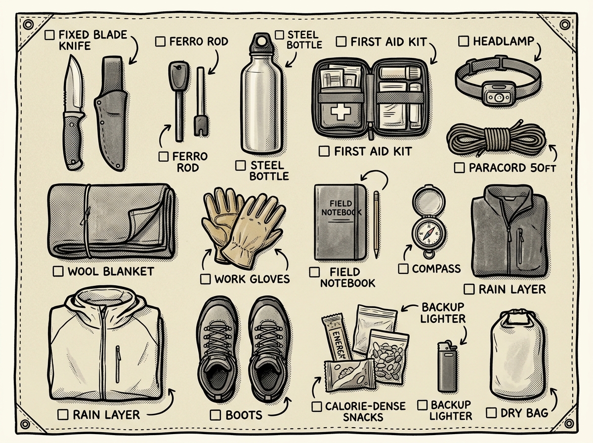 Essential gear laid out for your first survival skills camp weekend