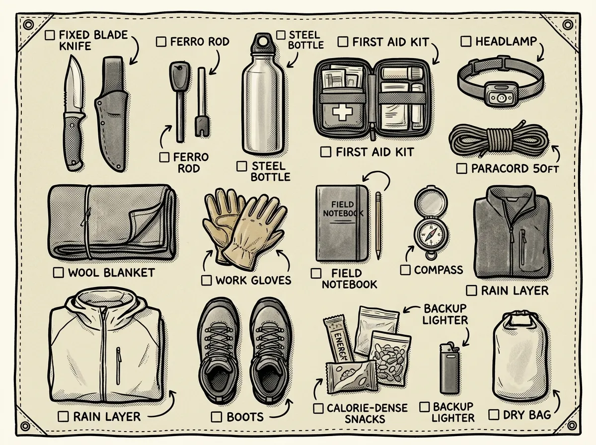Essential gear laid out for your first survival skills camp weekend