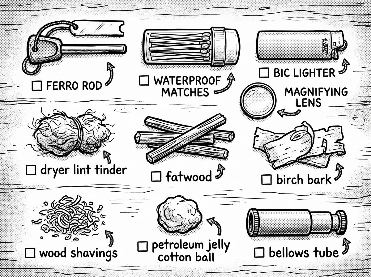 Four ignition methods and fire-starting essentials laid out for practice