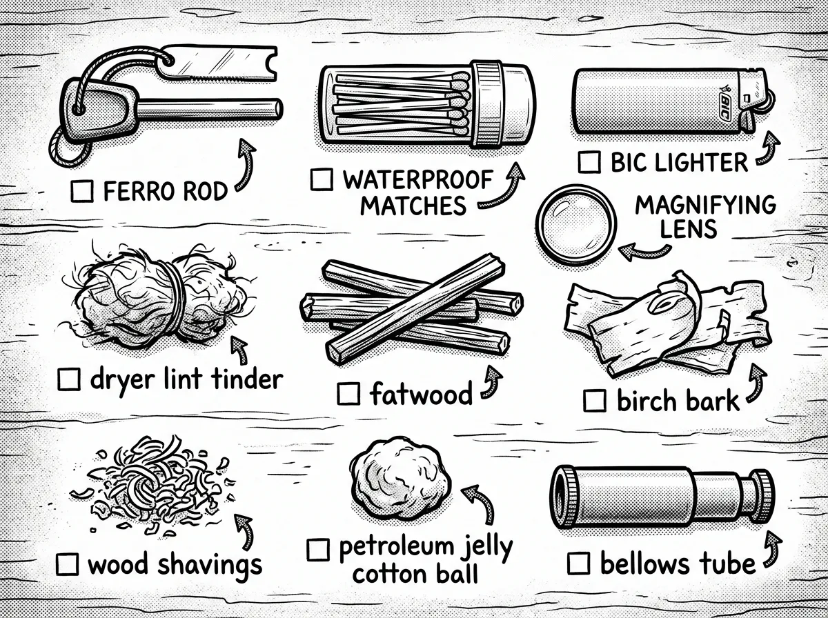 Four ignition methods and fire-starting essentials laid out for practice