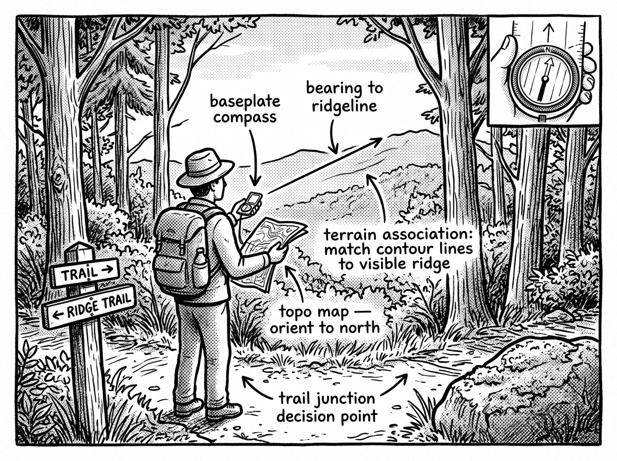 Navigating a wooded trail using map, compass, and terrain association