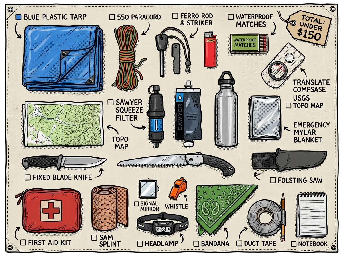 Complete under-50 gear kit for the full 8-week survival training plan