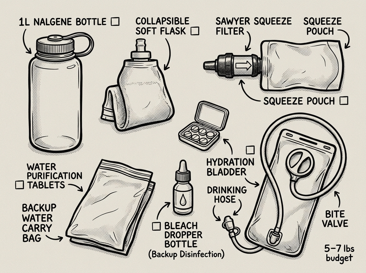 Water and filtration essentials laid out for a 72-hour bug-out bag