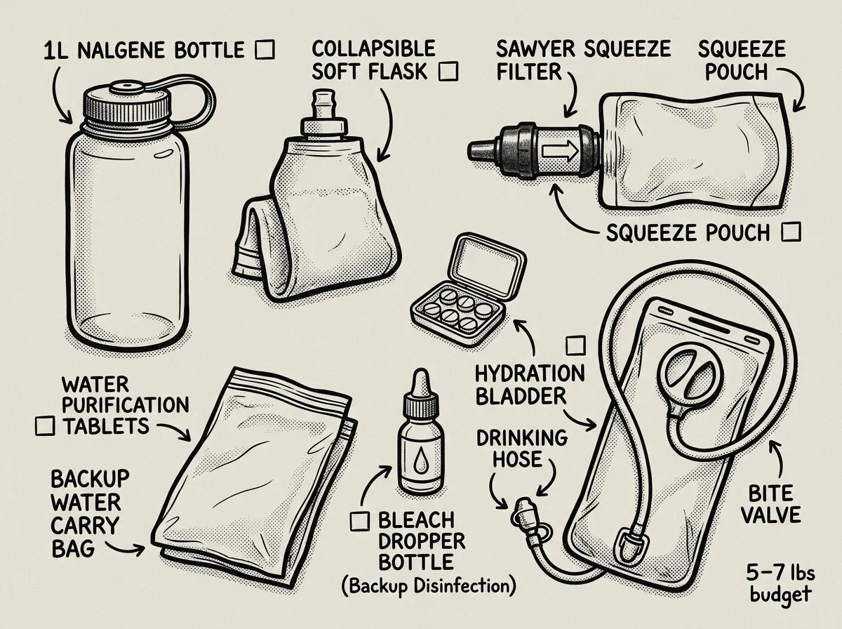Water and filtration essentials laid out for a 72-hour bug-out bag