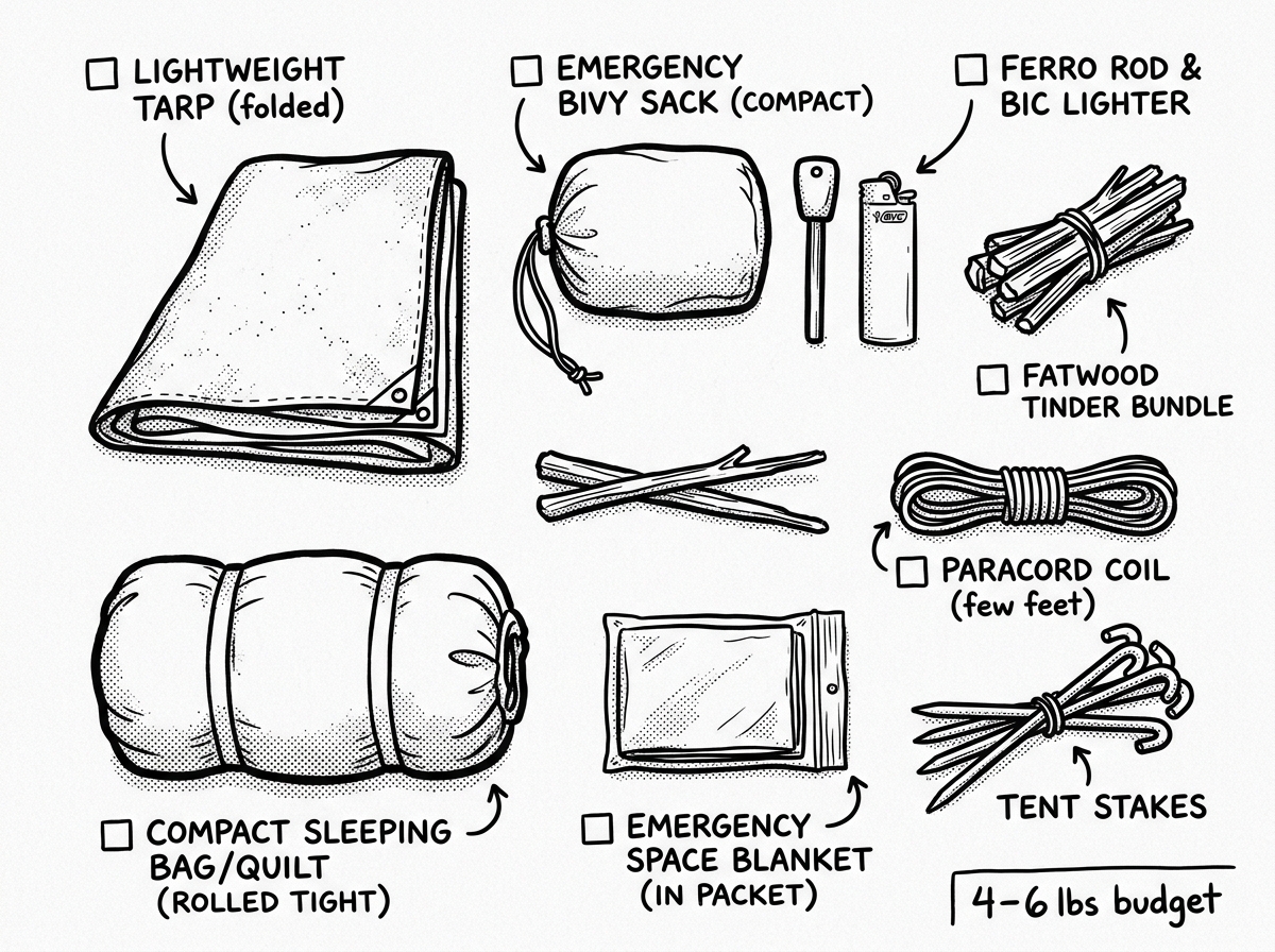 Shelter and warmth gear spread for weight-conscious packing
