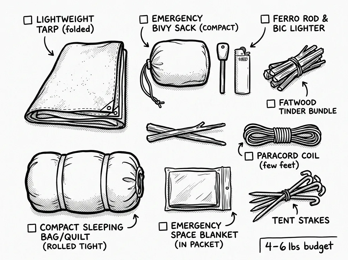 Shelter and warmth gear spread for weight-conscious packing