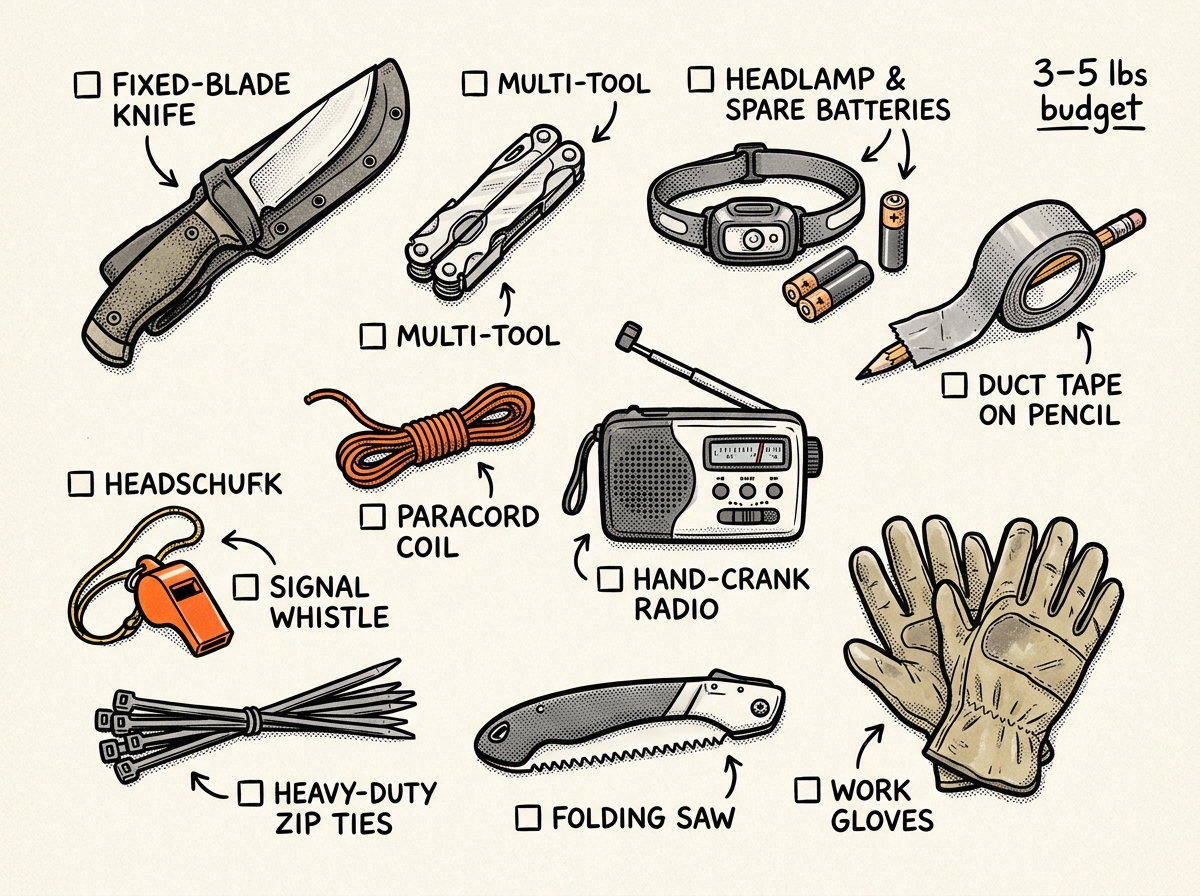 Core tools and utility gear for a complete bug-out loadout